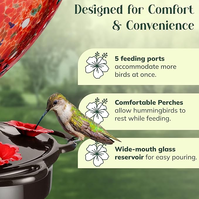 Hand Blown Glass Hummingbird Feeder for Outdoors All Season Use - 28 Fl. Oz. Leak Proof Hummingbird Feeder with Rust Proof Base - Includes Ant Moat, Ant & Bee Proof (Red)