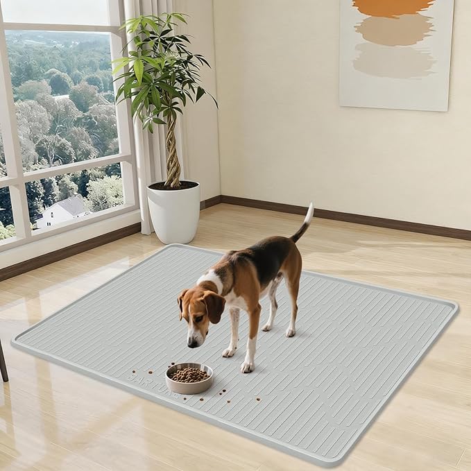 Silicone Cat & Dog Food Mat, 27" x 27" Large Pet Feeding Mat for Cats and Dogs Bowl, Pet Placemat for Food and Water with Raised Edge, Waterproof, Leakproof (Grey)