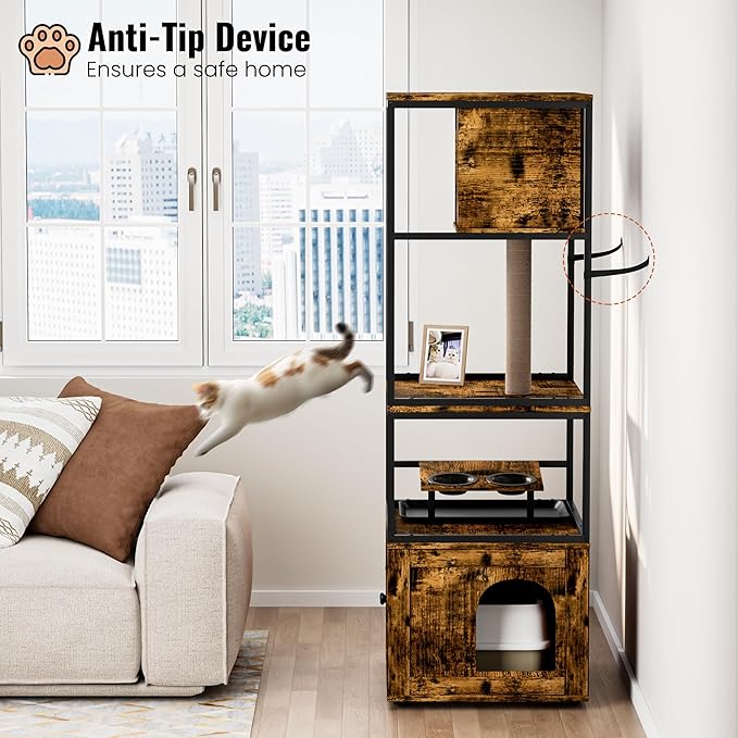 Lamerge Cat Tree with Litter Box Enclosure, All-in-1 Large Cat Litter Box Enclosure, Cat Condo with Scratching Posts and Cat Feeding Bowl, Rustic Brown