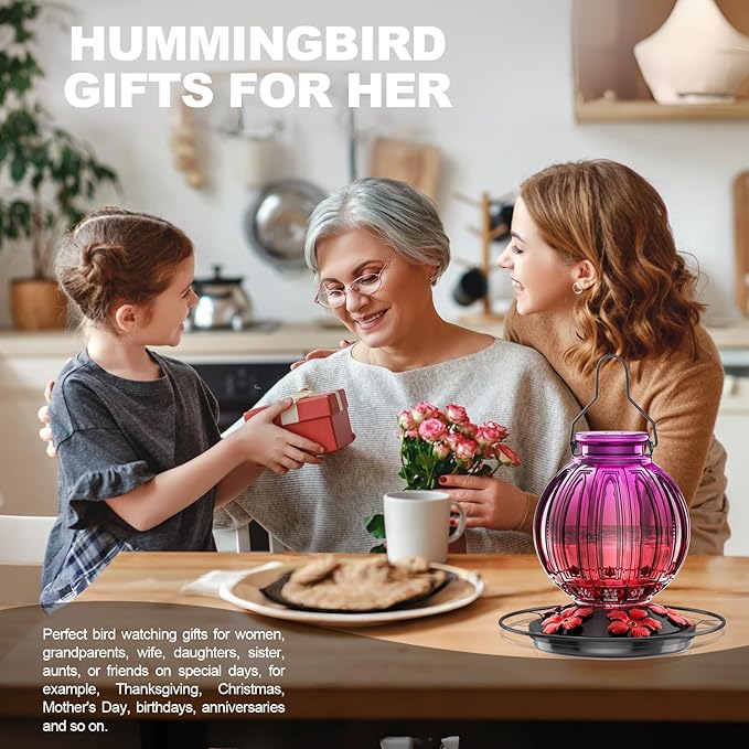 Glass Hummingbird Feeder for Outdoors Hanging, 26Oz Bird Nectar Feeder with Perch & 5 Flower Feeding Ports, Leak Proof for Outside Garden Decor Backyard, Gifts for Women Mom, Purple Red