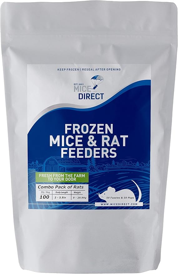 MiceDirect 100 Frozen Rat Combo Pack 50 Rat Fuzzies and 50 Rat Pup Feeders Snake Food for Baby Ball Pythons and Boas (2-3.5 in)(Pack of 100)(1450 Grams Min)