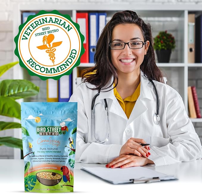 Bird Street Bistro Parrot Food for Parakeets & Cockatiels - CinnaSpice - 24 oz - Cooks in 3-15 min, Natural & Organic Grains, Fruits & Vegetables - USA Made