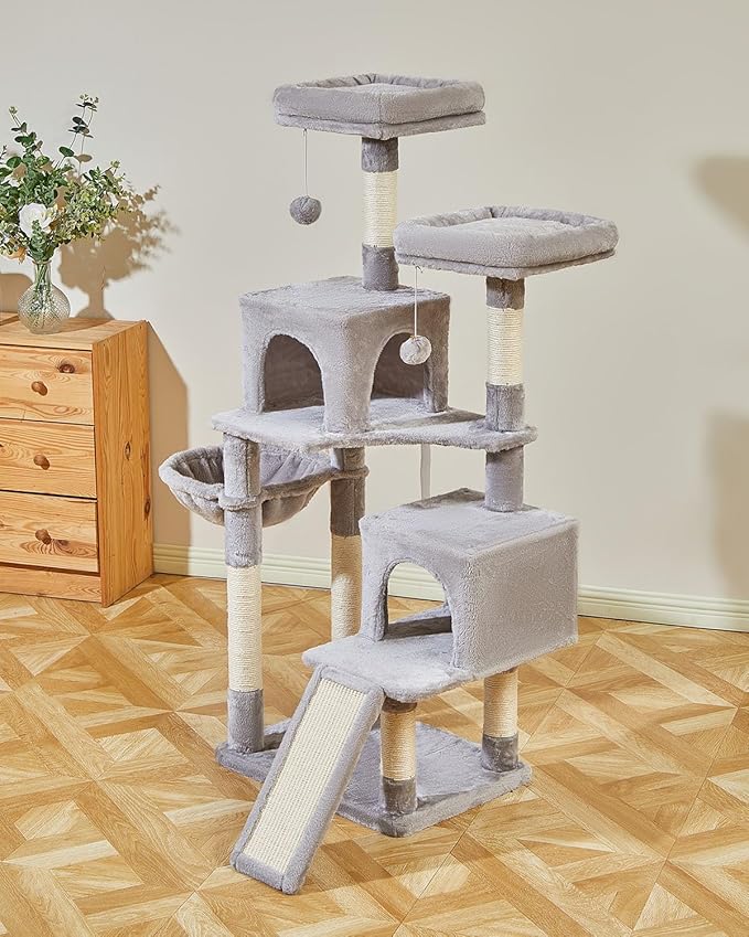 Taoqimiao 56.3-Inch Cat Tree, Cat Tower with Scratching Posts, Cat Tree House for Indoor Cats with hammocks, Toys, Condo and Large Scratch Board, Light Gray MS012W