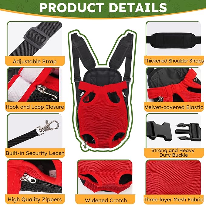 Pet Carrier Backpack, Hands-Free Adjustable Dog Front Carrier Legs Out & Easy-Fit Dog Backpack Carrier for Hiking Camping Traveling Cycling for Small Dogs and Rabbits (Medium, Red)