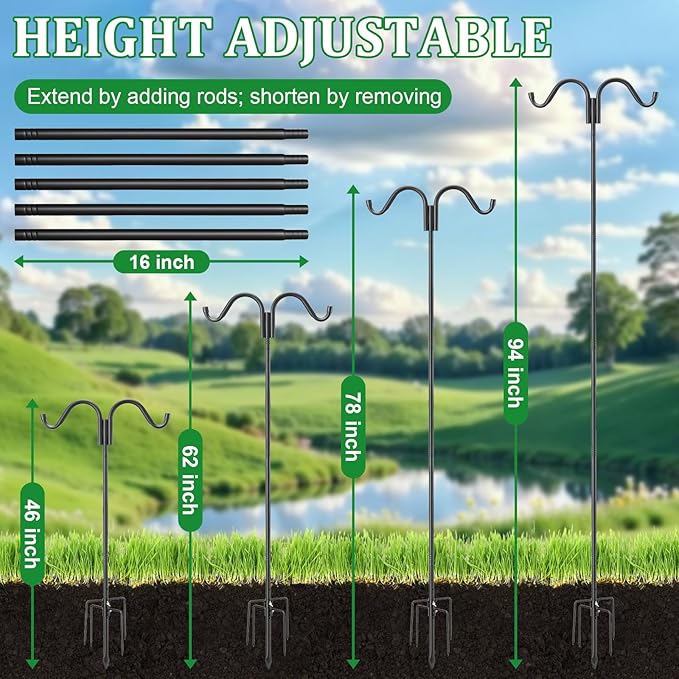 Double Shepherds Hooks for Outdoor, 78 Inch Adjustable Bird Feed Pole with 5 Prongs Base, Heavy Duty Shepherds Hook for Bird Feeder, Bird House, Light Plant, Wind Chime, Hummingbird Feeder, Lantern