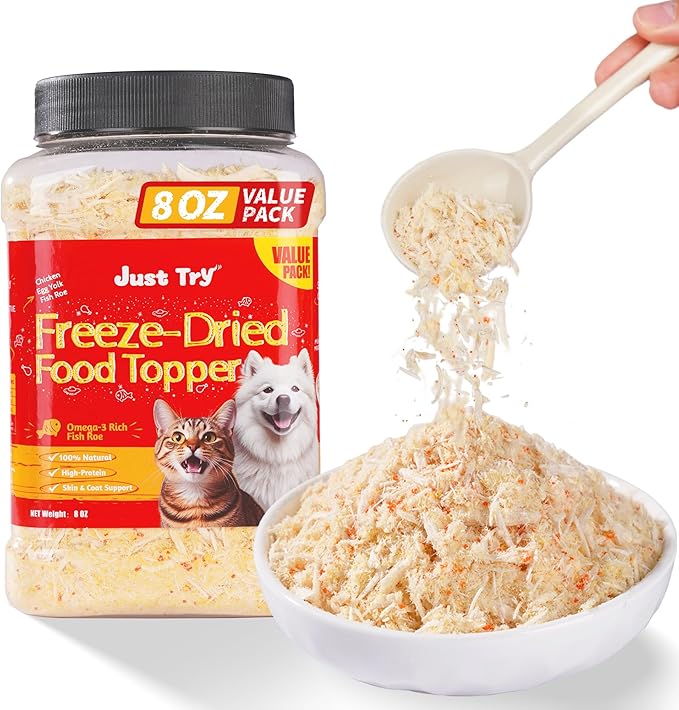 Just Try 8 OZ Fish Roe Freeze Dried Cat & Dog Food Toppers Mixers Grain Free Cat Treats for Indoor Cats Low Calorie Real Chicken Egg Yolk Omega 3 Supports Skin & Coat Health