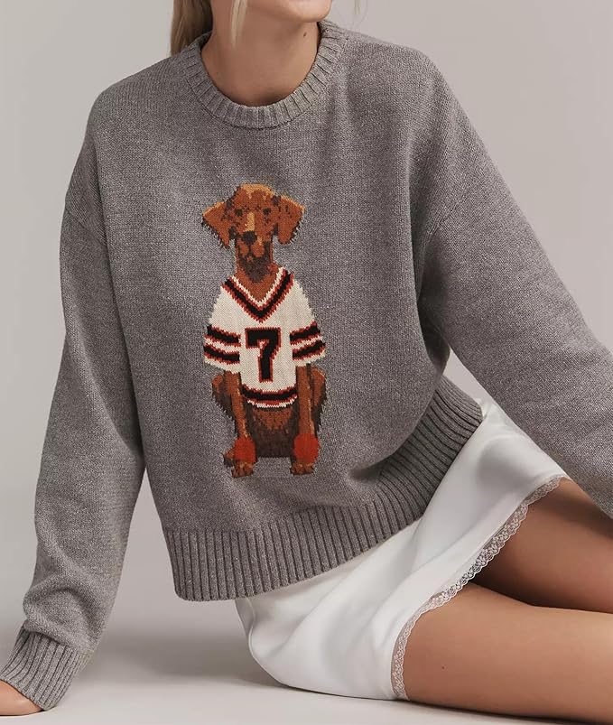 Dog Print Sweater for Women Cute Graphic Knit Pullover Tops Long Sleeve Crew Neck Trendy Fall Outfits 2025