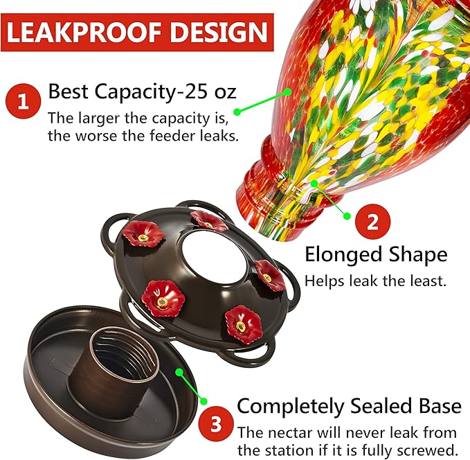 LUJII Hummingbird Feeders for Outdoors, Blown Glass Hummingbird Feeder for Outside Hanging with Ant Moat, Leak Proof & Anti Rust Metal Base, 25 fl.oz Capacity, Gifts for Bird Lovers or Gardeners, Red