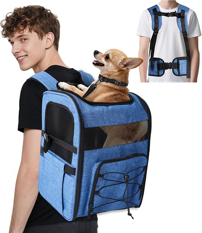 Dog Carrier Backpack for Small Dogs - Breathable Mesh Hiking Bag with Safety Buckle, Adjustable Straps and Standard Pad - Durable for Hiking (Fits Small Cats Too, Up to 17lbs, Blue)