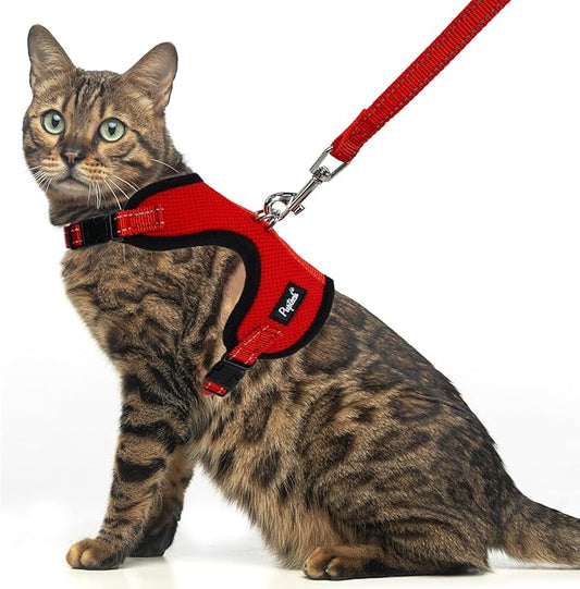 PUPTECK Cat Harness and Leash Set Escape Proof, Reflective Adjustable Soft Mesh Kitten Vest Harness for Walking Travel, Red, S