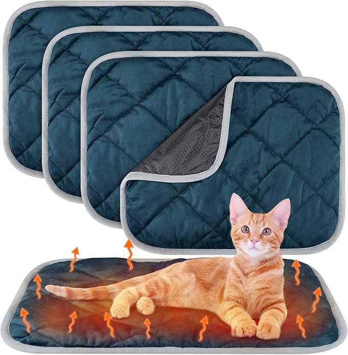 4 Pack Self Heating Cat Pad Self Warming Dog Mat Reflects Body Heat Extra Warm Thermal Pet Pad Washable Dog Cat Bed Crate Bed Mat Blanket (Dark Blue,16 x 20 Inch)