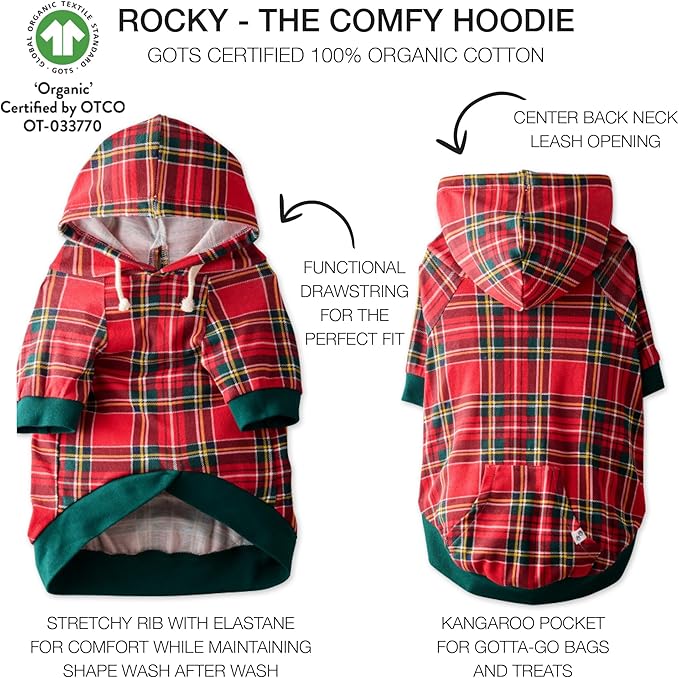 Rocky – The Orginal Lightweight Hooded TEE 100% Organic Cotton Dog Hoodie Pet Coat Sweater for Small, Medium, Large Dogs, Royal Stewart Plaid, Medium