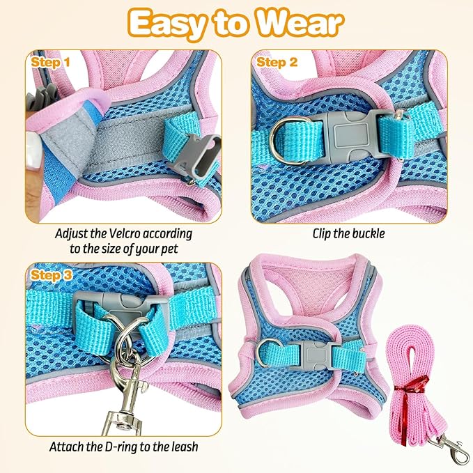 PINVNBY 2 Pack Bunny Hsrness and Leash Set Adjustable Rabbit Harness with Reflective Strips Double Buckle Pet Vest Eescape Proof for Small Rabbit Kitten Puppy Walks Accessories (Pink Blue, M)