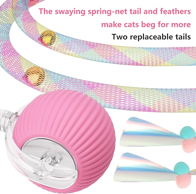 Interactive Cat Toys for Indoor Cats, Interactive Cat Ball Toy with Elastic Mesh Tail, Automatic Cat/Kitten Toys with Chirping & Motion Activate, Cat Toys for Bored Indoor (Pink)