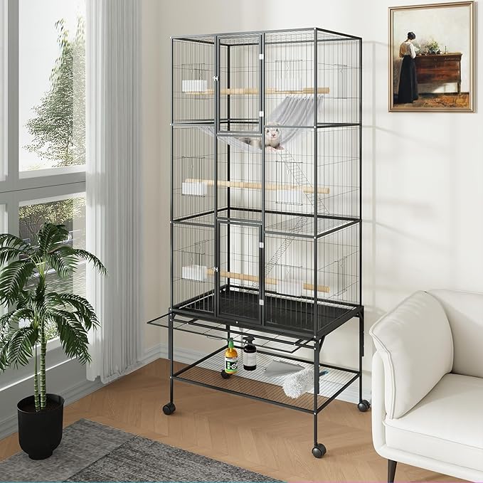 69inch Large Bird Cage Parrot Cage Metal Parrot Flight Cage for Budgie Parakeet Conure, Feeders, Ladders, Perches, Slide-Out Tray Rolling Cockatiel Cage for Mid-Sized Parrots Detachable Storage Stand