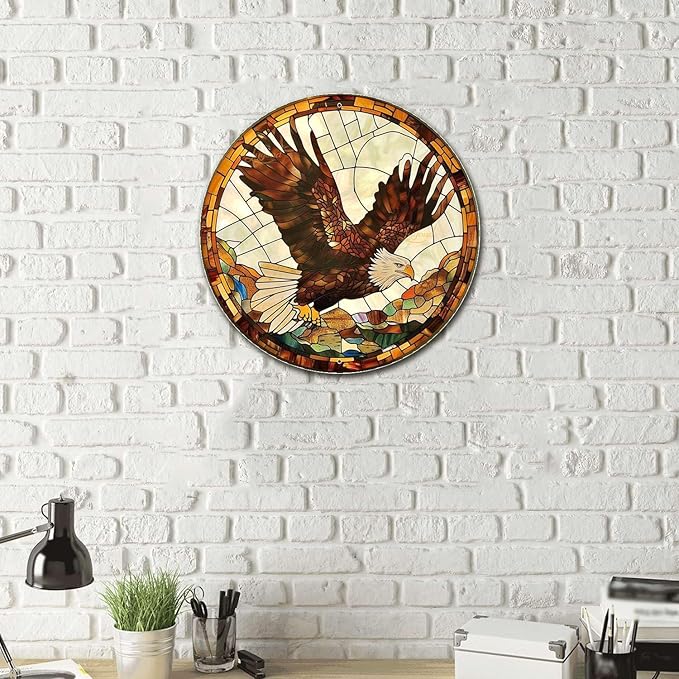 Lygond Metal Sign Tin Sign Circular Stained Glass Eagle Metal Garden Signs for Pet 8×8 Inches