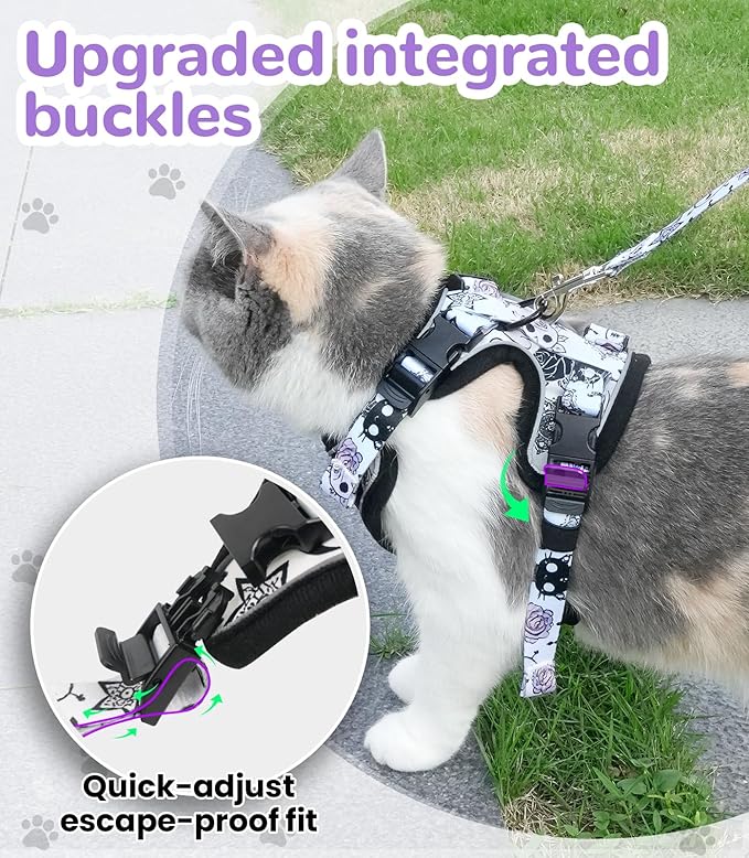 Halypet Cat Harness and Leash Set for Walking, Escape Proof Adjustable Vest Harness with 3-in-1 Integrated Buckles, Easy Control Soft Breathable Mesh with Reflective Strips for Cats, S, Moonlight Meow