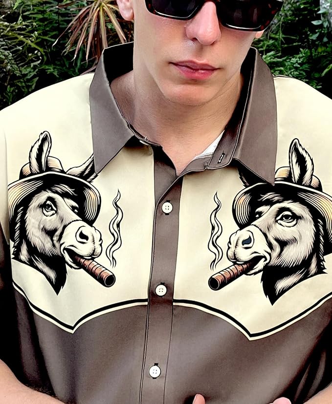 Men’s Hawaiian Shirt Western Cowboy Symmetrical Print Short Sleeve Button Down Casual Beach Holiday Summer Shirt