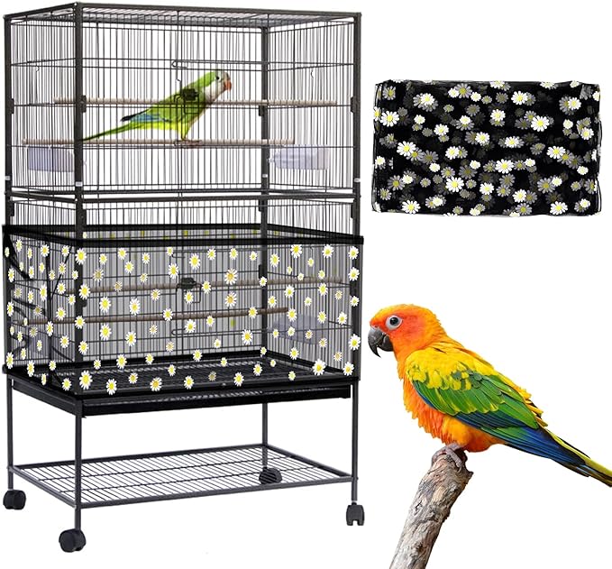Daoeny Large Bird Cage Cover, Bird Cage Seed Catcher, Adjustable Soft Nylon Mesh Net with Daisy Pattern, Birdcage Cover Skirt Seed Guard for Parrot Parakeet Macaw Round Square Cages (Black)