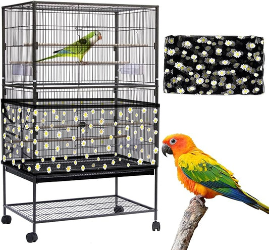 Daoeny Large Bird Cage Cover, Bird Cage Seed Catcher, Adjustable Soft Nylon Mesh Net with Daisy Pattern, Birdcage Cover Skirt Seed Guard for Parrot Parakeet Macaw Round Square Cages (Black)