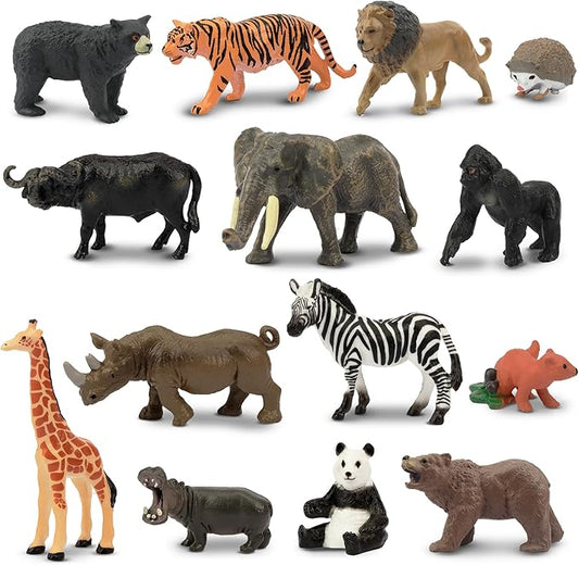 Toymany 14PCS 1-2" Tiny Jungle Animal Figures Toy, Realistic Mini Jungle Zoo Animal Figurines Cake Topper Toy Set, Easter Egg Christmas Birthday Gift Party Favor School Project for Kids Toddlers