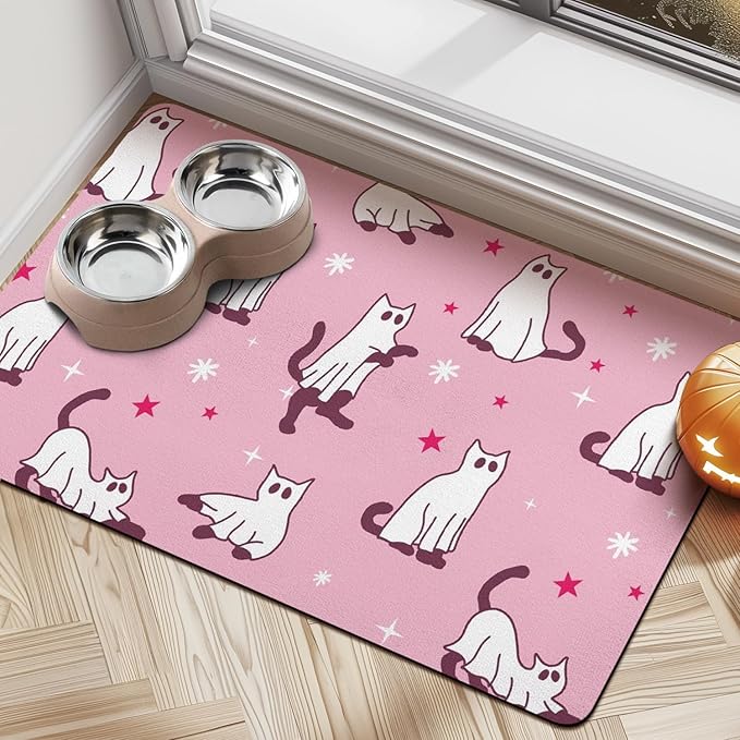 Halloween Dog Food Mats for Floors Pink, Absorbent Dog Bowl Mat for Food and Water, Quick Dry Pet Cat Food Mat Non-Slip Pet Supplies