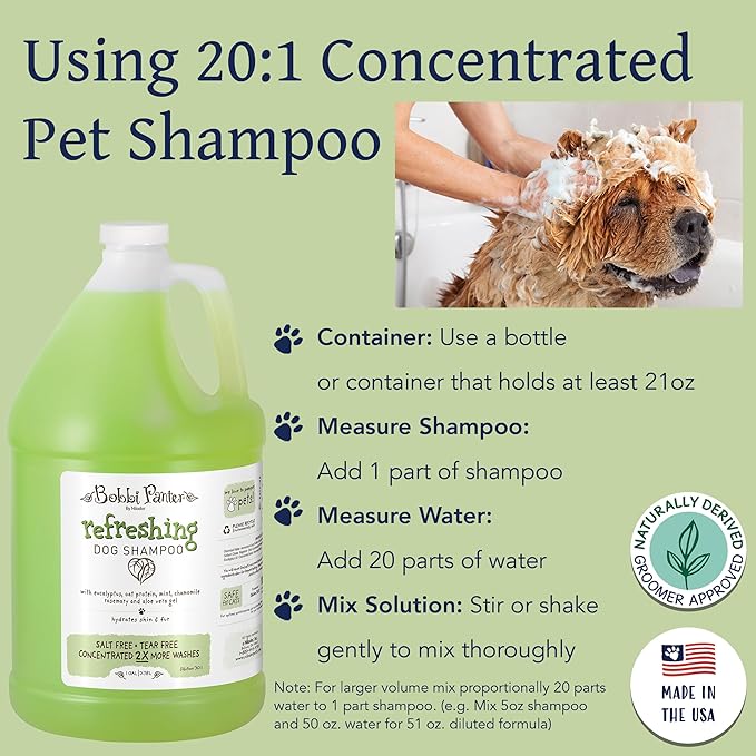 Bobbi Panter Refreshing Dog Shampoo - Hydrates & Soothes Skin & Fur, Minimizes Itching & Dander, Eucalyptus Mint Scent, 30:1 Concentrated Formula, Made in USA, 1 Gal. (Case of 4)