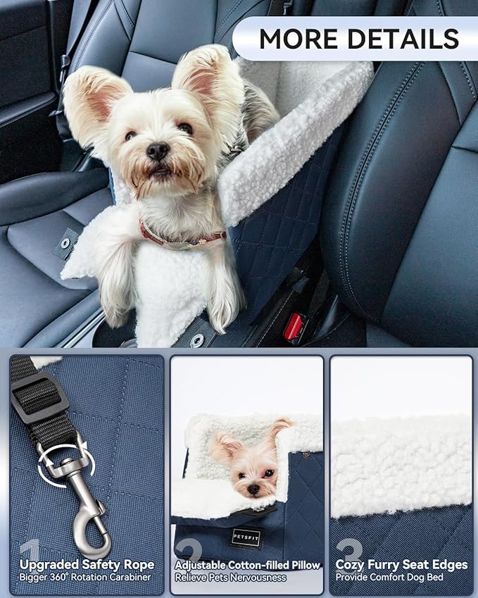 PETSFIT Center Console Dog Car Seat with Safe Protection Hooks, Pet Car Seat with Upgraded Safety Tethers, Washable Cushion, Console Dog Car Seats for Small Dogs Up to 8 Lbs(Blue)