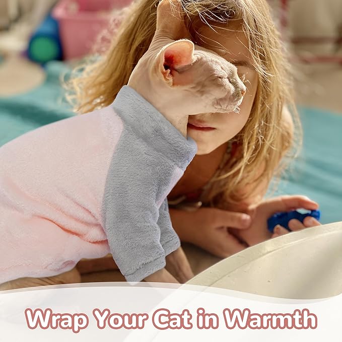 PUMYPOREITY Cozy Cat Sweater with Sleeves, Soft Coral Fleece Cat Clothes, Warm Winter Coat Thick Fleece for Hairless Cats, XS, Pink