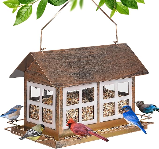Bird Feeders, Heavy Duty Metal Bird Feeder for Outdoors Hanging, Weatherproof Large Capacity Wild Birdfeeder for Outside Garden Yard, Country House Shape (Double Window)