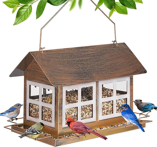 Bird Feeders, Heavy Duty Metal Bird Feeder for Outdoors Hanging, Weatherproof Large Capacity Wild Birdfeeder for Outside Garden Yard, Country House Shape (Double Window)