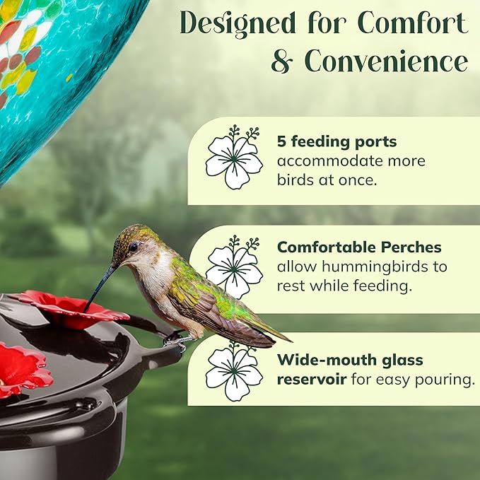 Hand Blown Glass Hummingbird Feeder for Outdoors All Season Use - 28 Fl. Oz. Leak Proof Hummingbird Feeder with Rust Proof Base - Includes Ant Moat, Ant & Bee Proof (Teal)