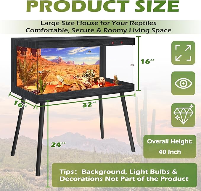 Royxen Tempered Glass Bearded Dragon Tank,33 Gallon Reptile Tank with Leg Stand,Built-in Lighting Reptile Enclosure Scartch-Proof Bearded Dragon Encloure for Chameleon,Lizard(Black,32"x 16"x 16")