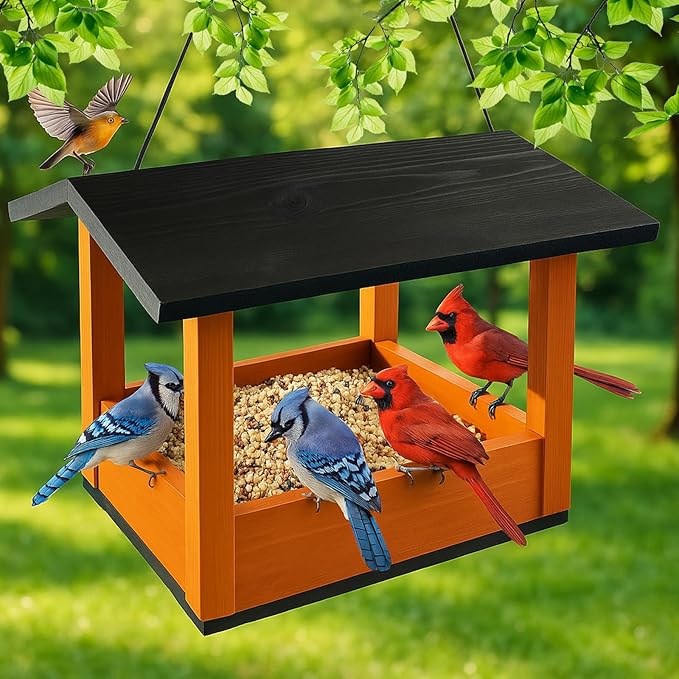 Wooden Hanging Bird Feeder Tray – Outdoor Platform Feeder for Cardinals, Squirrels, and Small Birds – Bird House Style for Backyard Garden (Orange)