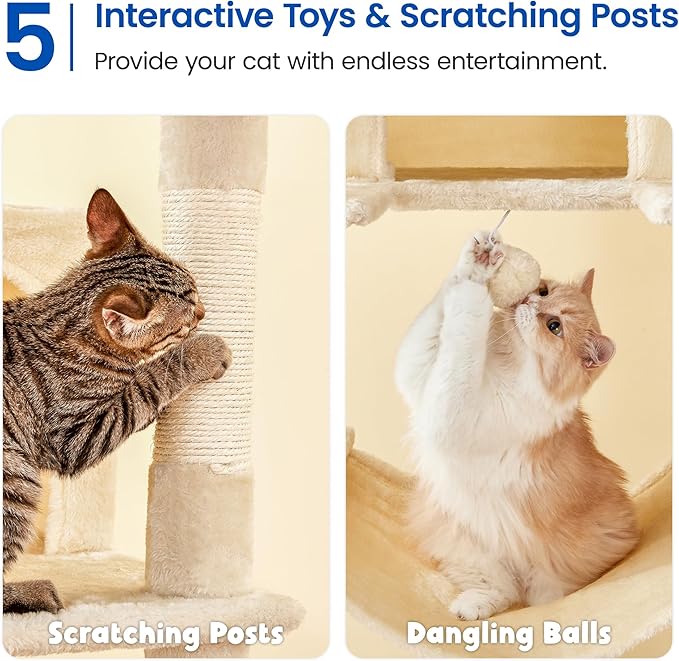 MWPO Extra Large Cat Tree, 77.6-Inch Tall Cat Tower for Indoor Cats with 2 Condos, Multi-Level Cat Stand for Large Cats, 3 Hammocks, Wide Perch, Scratching Posts, Dangling Toys, Beige