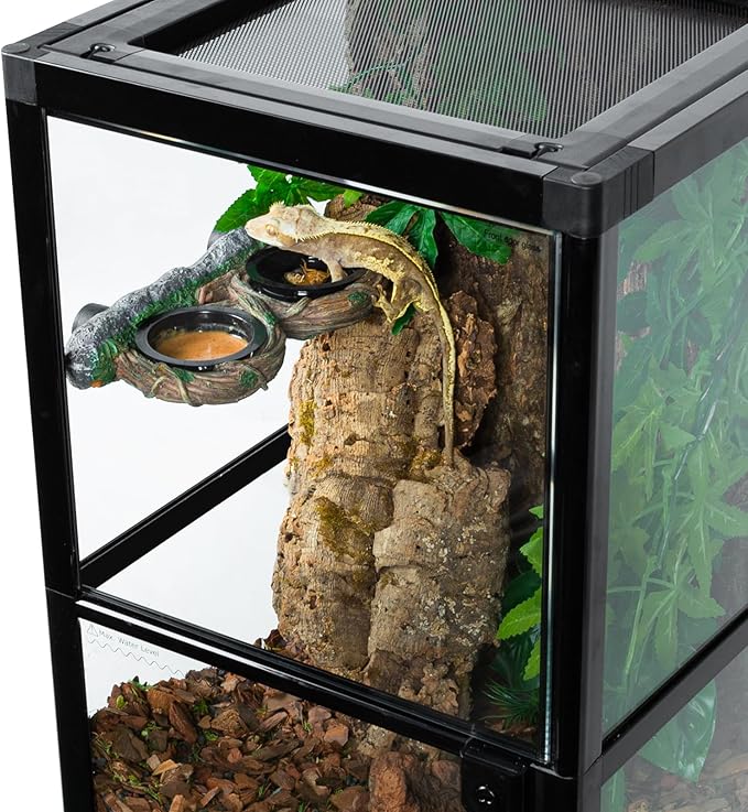 REPTI ZOO Magnetic Reptile Feeder Ledge, Gecko Feeder with 4 Cups, Hollow Vine Food Dish, Water Bowl for Lizard & Snake, Terrarium Accessories