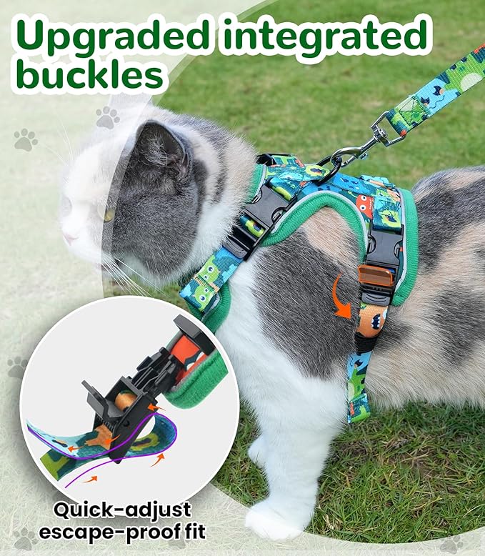 Halypet Cat Harness and Leash Set for Walking, Escape Proof Adjustable Vest Harness with 3-in-1 Integrated Buckles, Easy Control Soft Breathable Mesh with Reflective Strips for Cats, M, Green Monster