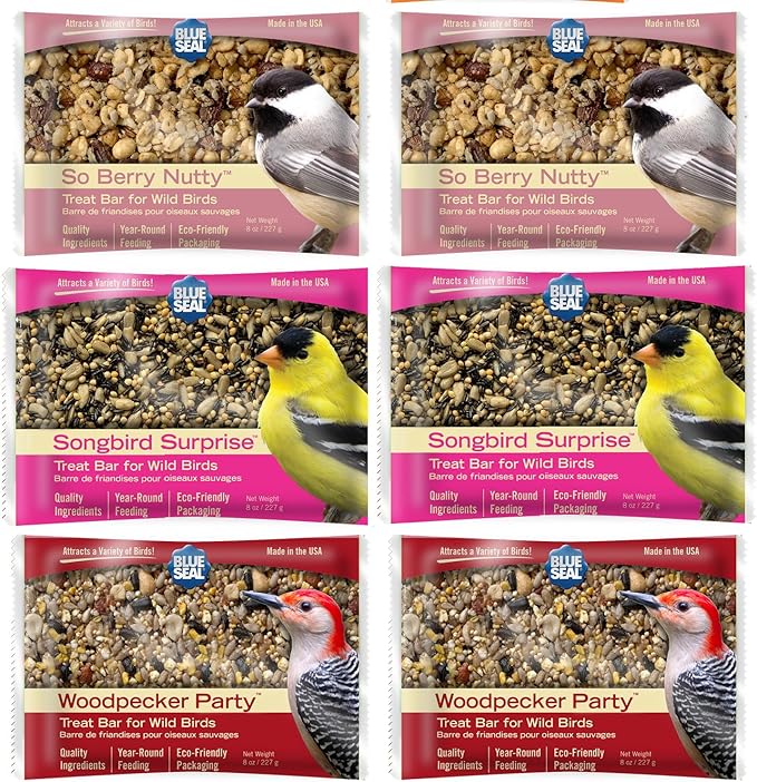 Blue Seal Suet Treat Bars for Wild Birds - No Mess Suet Feed, Food for Woodpeckers, Cardinals, Siskins, Sparrows & More - 8 oz Suet Feeder, Bird Seed Cakes (Variety Pack of 6)