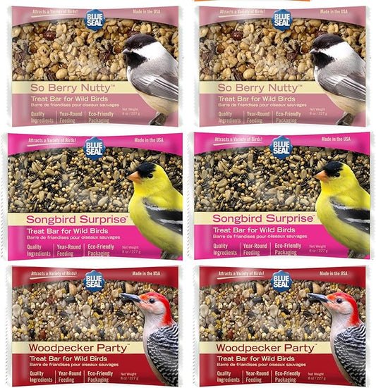 Blue Seal Suet Treat Bars for Wild Birds - No Mess Suet Feed, Food for Woodpeckers, Cardinals, Siskins, Sparrows & More - 8 oz Suet Feeder, Bird Seed Cakes (Variety Pack of 6)