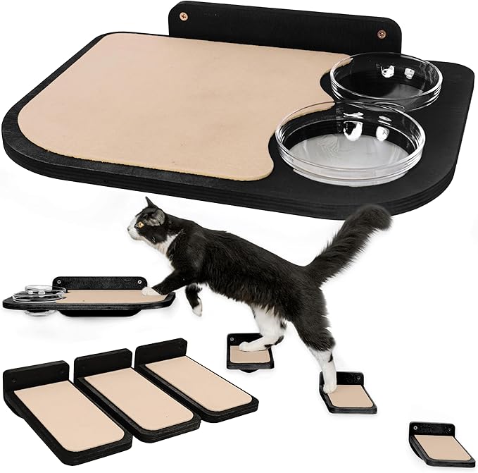 INICIO Cat Wall Shelves – Dog Proof Feeding Station with Wall Mounted Shelves, Durable 3 Step Birch Floating Shelf for Cats Up to 15lbs, Includes Attached Cat Food Bowl for Convenient Feeding – Black