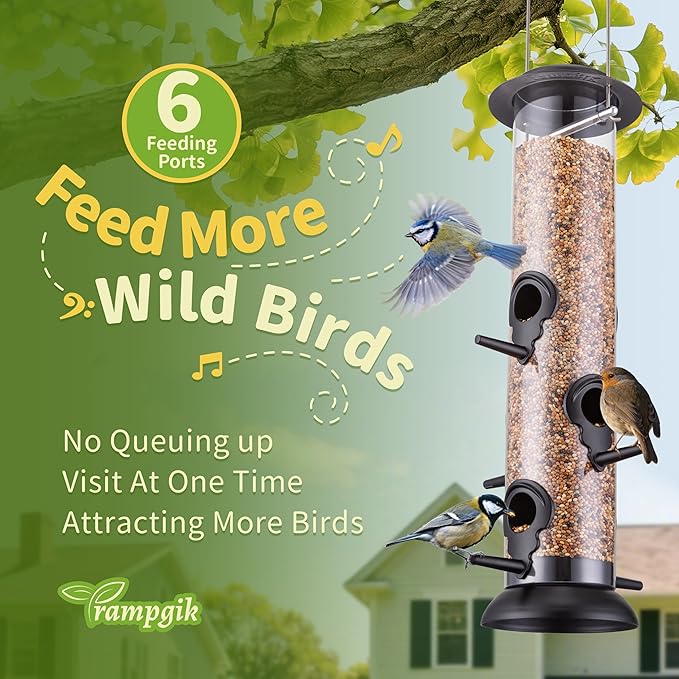 Bird Feeder Premium Hard Plastic for Wild Bird Feeders for Outdoors,Tube Bird Feeders for Outdoors Hanging,14 Inch 6 Port Black,Pack of 1