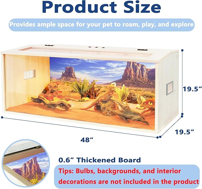 Prolee Reptile Terrarium, Lizard Tank Up to 68 Gallons, Bearded Dragon Tank with Roof Door, Snake Tank with Built-in Lamp Fixture and Switch (78 Gallon, 48" Long, Openable Wood Roof)