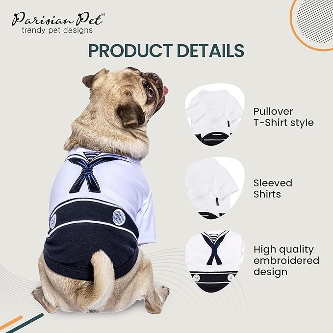 Parisian Pet Dog Shirt - Embroidered Sailor Dog Costume - 100% Cotton & Polyester Pet Costume - Sleeved Dog Clothes - Blue and White Dog Costumes for Small Dogs - Dog Shirts - S