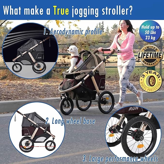 Run Performance Jogging Sports Stroller with Comfort Rubber Wheels/Zipper-Less Entry/1-Hand Quick Fold/Aluminum Frame for Small/Medium Dogs, Cats and Pets (Taupe)