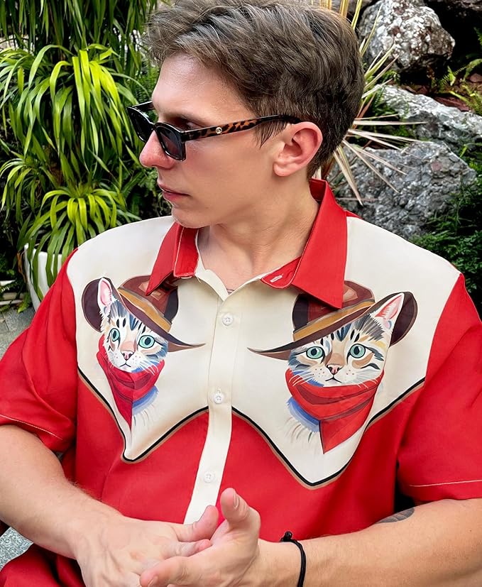 Men’s Hawaiian Shirt Western Cowboy Symmetrical Print Short Sleeve Button Down Casual Beach Holiday Summer Shirt