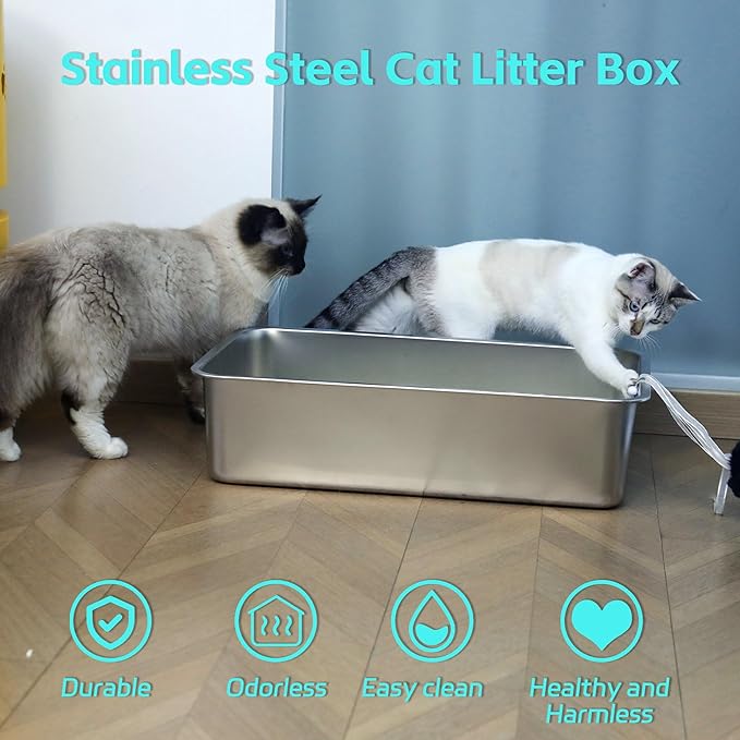 Stainless Steel Litter Box -6in High Side,Metal Litter Box for Cat/Kitty/Rabbits 17" L x 13.8" W x 6" H，Stainless Steel Cat LitterBox-Metal PanToilet,No Smell, Non Stick, Easy Clean.