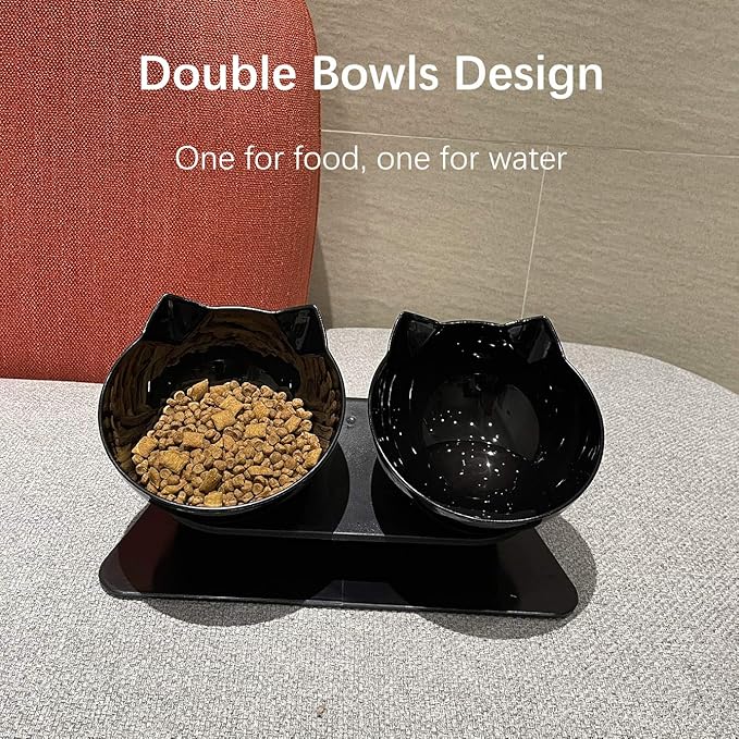 Luck Dawn Double Elevated Cat Bowls with Raised Stand, 15 Tilted cat Bowl Design Neck Guard Stand Raised Pet Food Water Feeder Bowl for Cats or Small Dogs