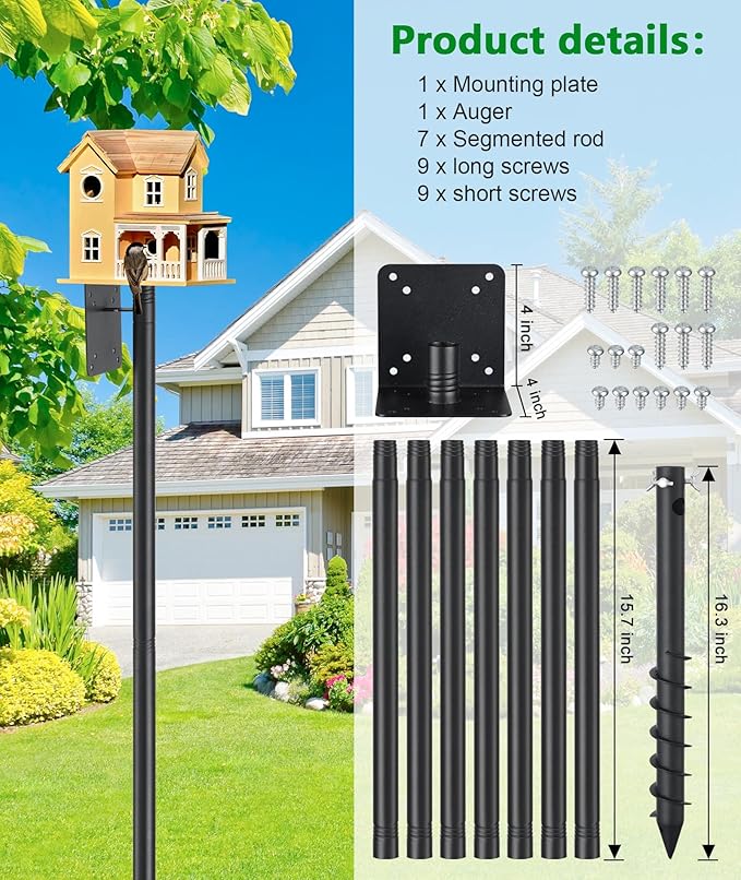 Bird House Pole 109 Inch, Heavy Duty Spiral Ground Auger Bird Feeder Pole for Outdoors, Adjustable Hummingbird Bluebird Feeder Stand, 1 inch Metal Birds Buddy Mounting Poles
