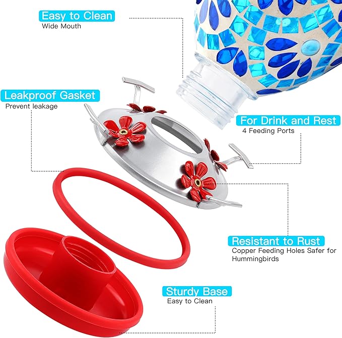 VOREEN Glass Mosaic Hummingbird Feeders, 34OZ with Ant Moat & 4 Feeding Ports, Hand Blown Glass Outdoor Hanging Bird Feeder, Porch Garden Backyard Decor, Gift for Mom Wife Friend, Blue Flowers Design