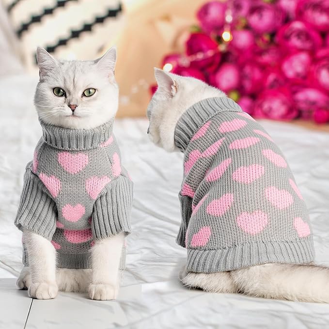 KOOLTAIL Cat Sweater Turtleneck- Soft Knit Cat Sweaters for Cats Only, Heart Love Pattern Thick Warm Cold Weather Clothes, Valentine's Day Pet Outfit for Small Medium Large Size Kitten Puppy Grey L